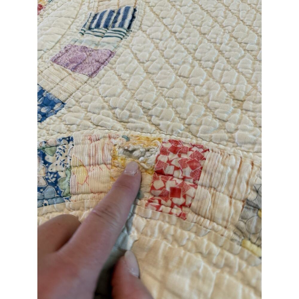 Vintage 1930's Handmade Quilt Double Wedding Ring Feed Sack Cotton Scalloped - Picture 9 of 11